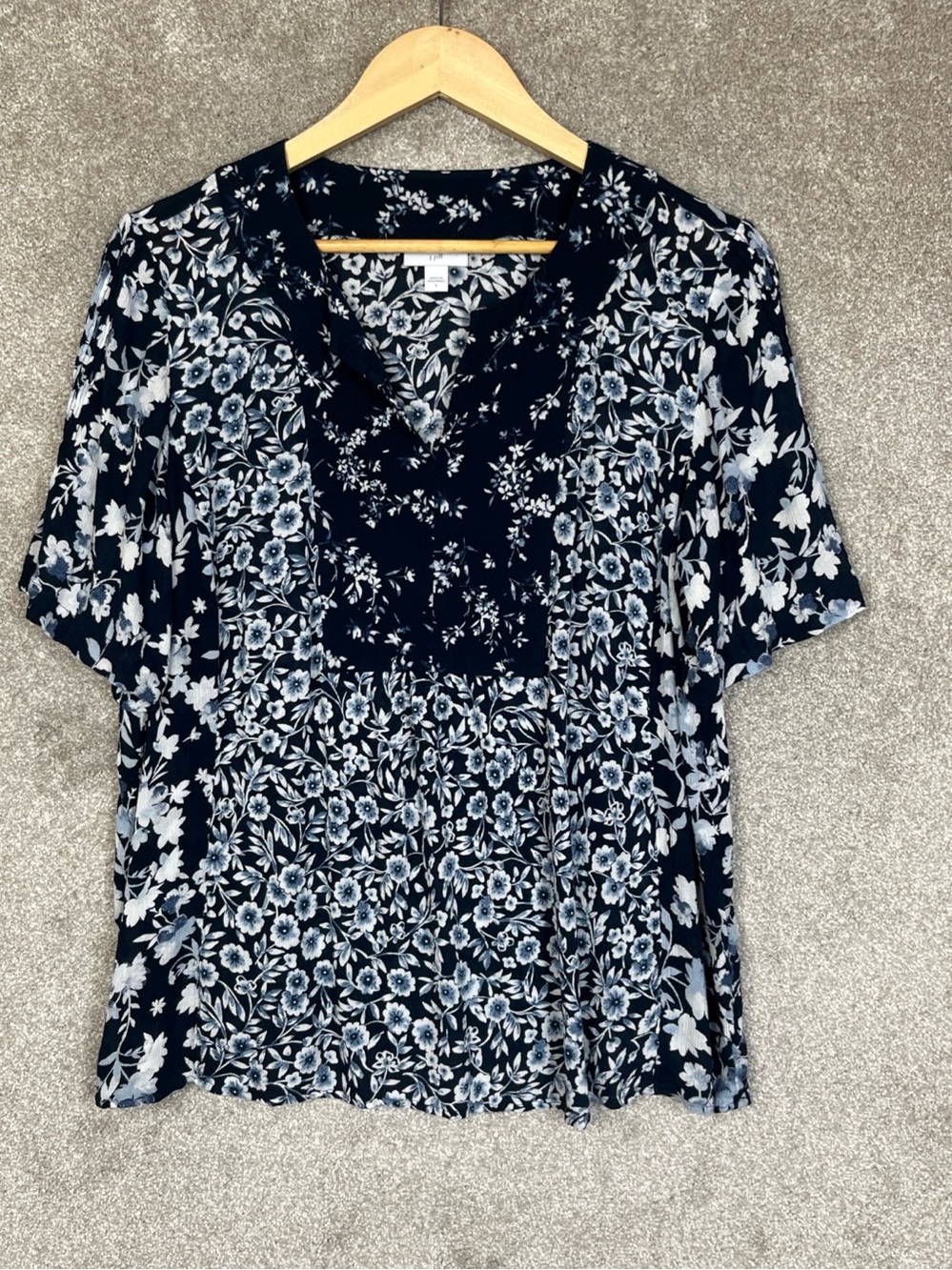 J Jill Blouse Womens Large Blue Floral Rayon Short Sleeve Pullover Shirt- 5381